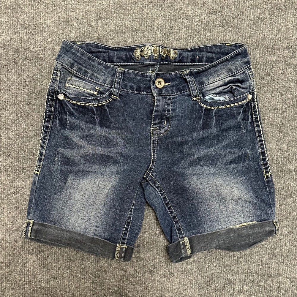 Truce Denim Shorts Womens Size 7 Blue Ramie Cotton Cuffed Embroidered Rhinestone